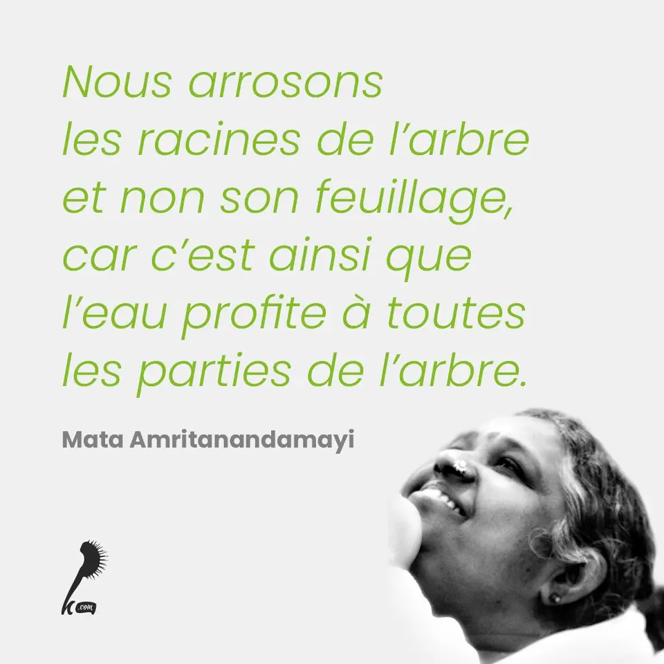 « Nous arrosons les racines de l'arbre et non son feuillage, car c'est ainsi que l'eau profite à toutes les parties de l'arbre. » Mata Amritanandamayi